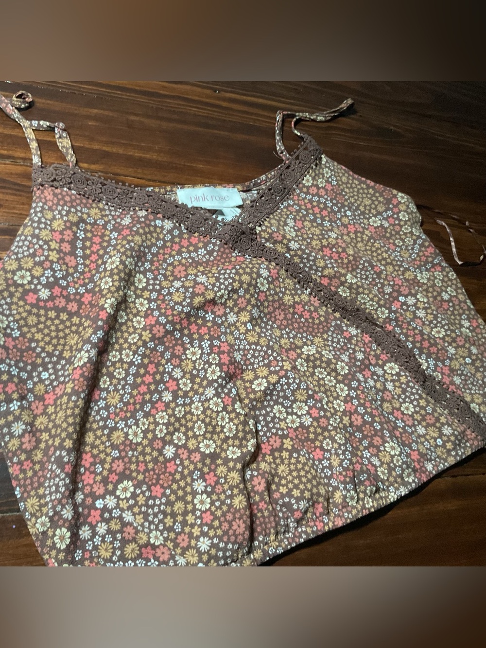 Cami Crop Top Lace Trim Fairycore Tank Y2K Style Size L Earth Tones Brown Coral